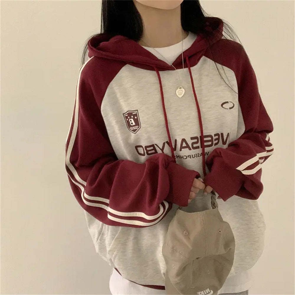 VAKKV Manufacturer 2025n retro Korean version hooded sweater jacket women's spring and autumn oversize thin splicing velvet top