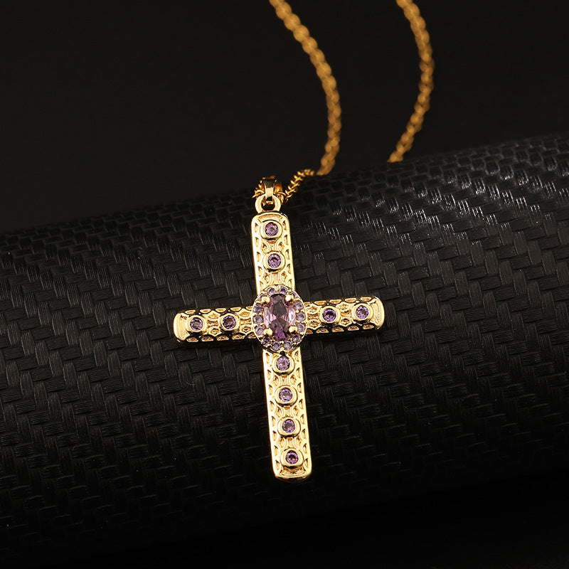 INS Vintage Gold Cross Necklace Personalized Pendant Zircon European and American Style Necklace Special-Interest Design Titanium Steel Clavicle Chain