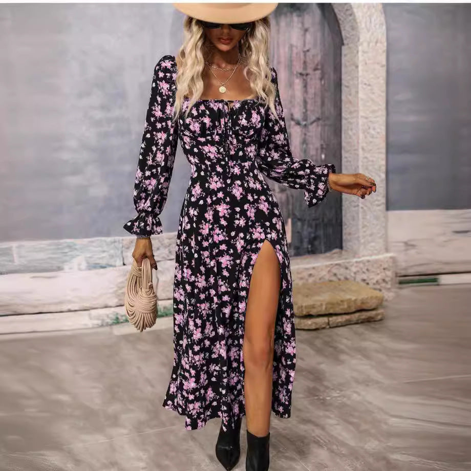 Cross-Border Foreign Trade European and American Women's Clothing Spring Independent Station Printing Long Sleeve Square-Neck Bottom Slit Dress