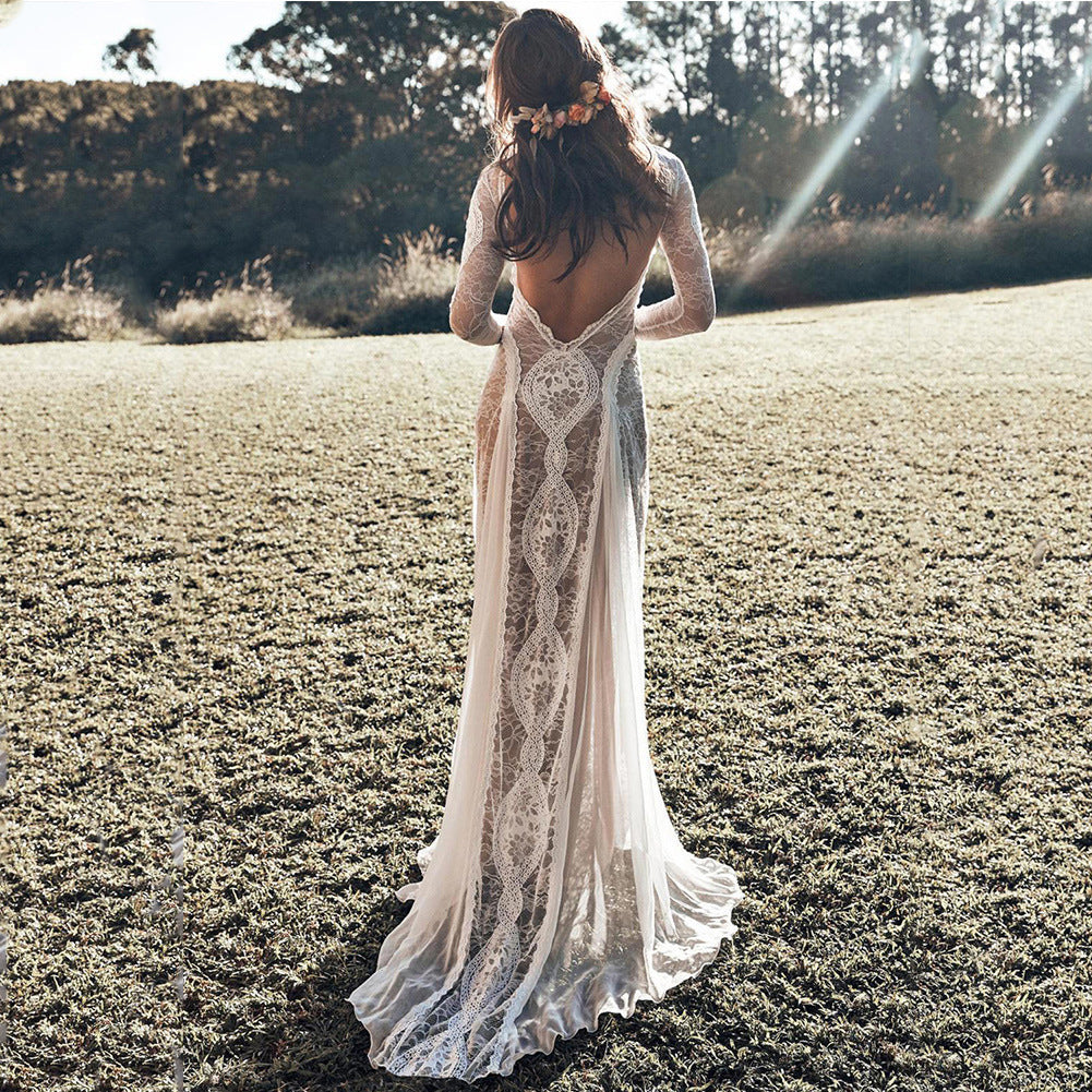 VAKKV Spring New European and American Women's Clothing Dress round Neck Long Sleeve Hollow Backless Lace Ladies Banquet Wedding Dress
