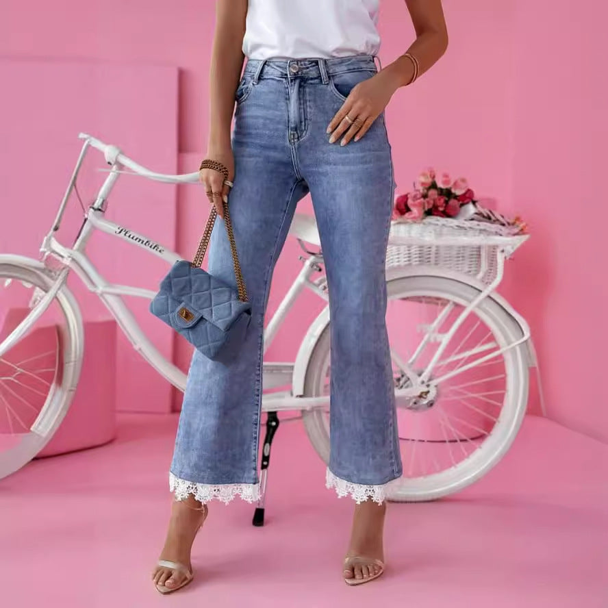 VAKKV popular 2025 New high-waisted slim-fitting micro-pull jeans women's small fresh trousers lace trousers