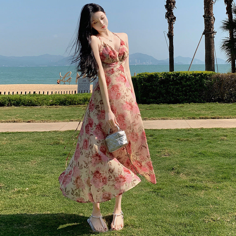 2025 Super fairy seaside vacation chiffon floral vacation women's dress backless hollow straps high waist slit big swing dress
