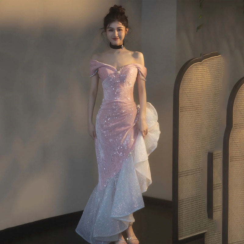 VAKKV Pink off-Shoulder Engagement Formal Dress Fishtail Toast Dress Bride New Annual Meeting Small Man Host Evening Dress