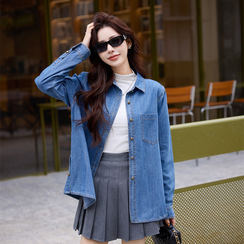 Retro Hong Kong style front shoulder denim shirt 2025 spring new design sense small long sleeve shirt stacked top