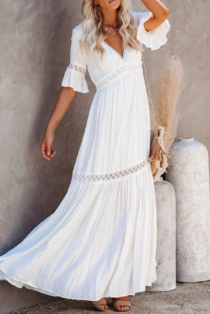 VSKKV 2021 European and American Spring and Summer New Short Sleeve Dress Women's Foreign Trade Solid Color Lace V-neck Dress