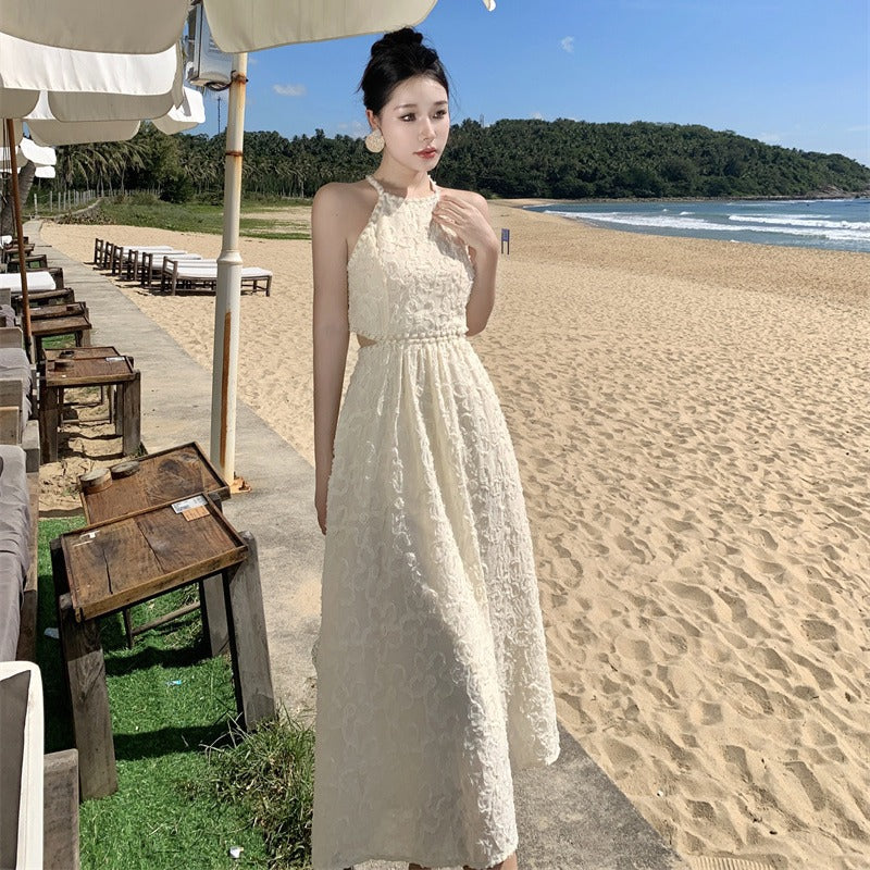 2025 neck sling dress women's summer high-end temperament showing thin waist long dress seaside vacation beach dress