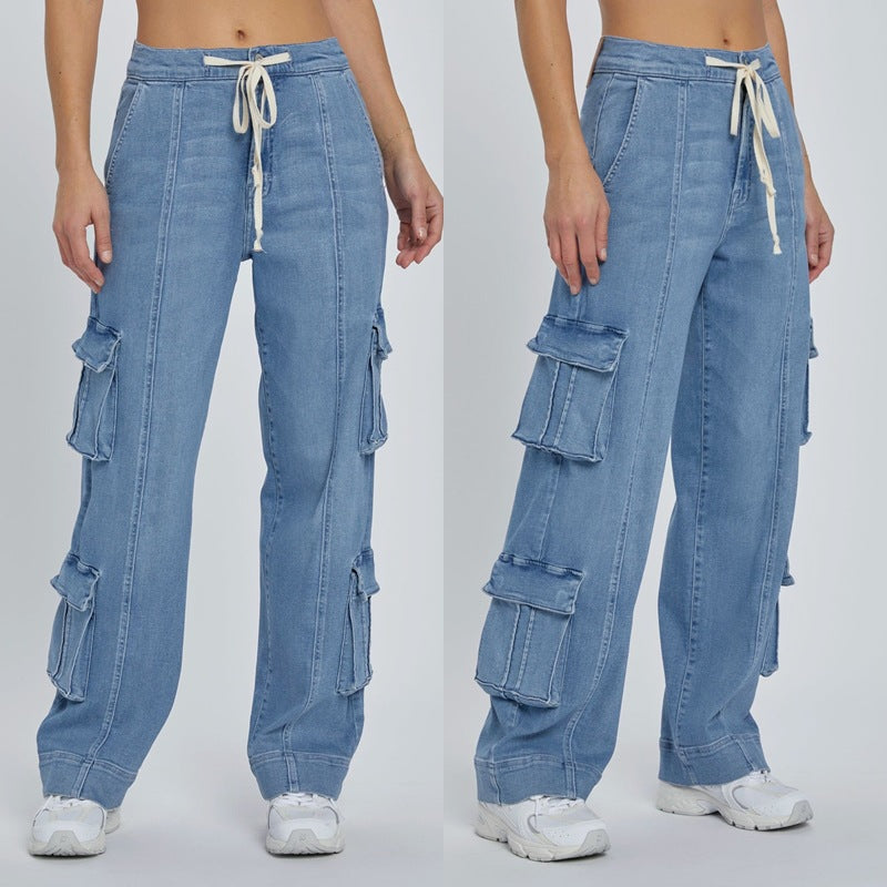 VAKKV independent station 2025 spring new street washed overalls women's multi-pocket wide-leg lace-up jeans
