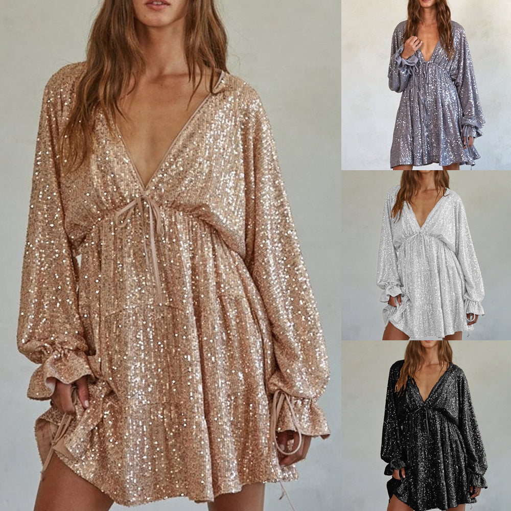 Cross-border new strap v-neck sequin skirt sexy spice skirt drape high-end dress women's summer high-end