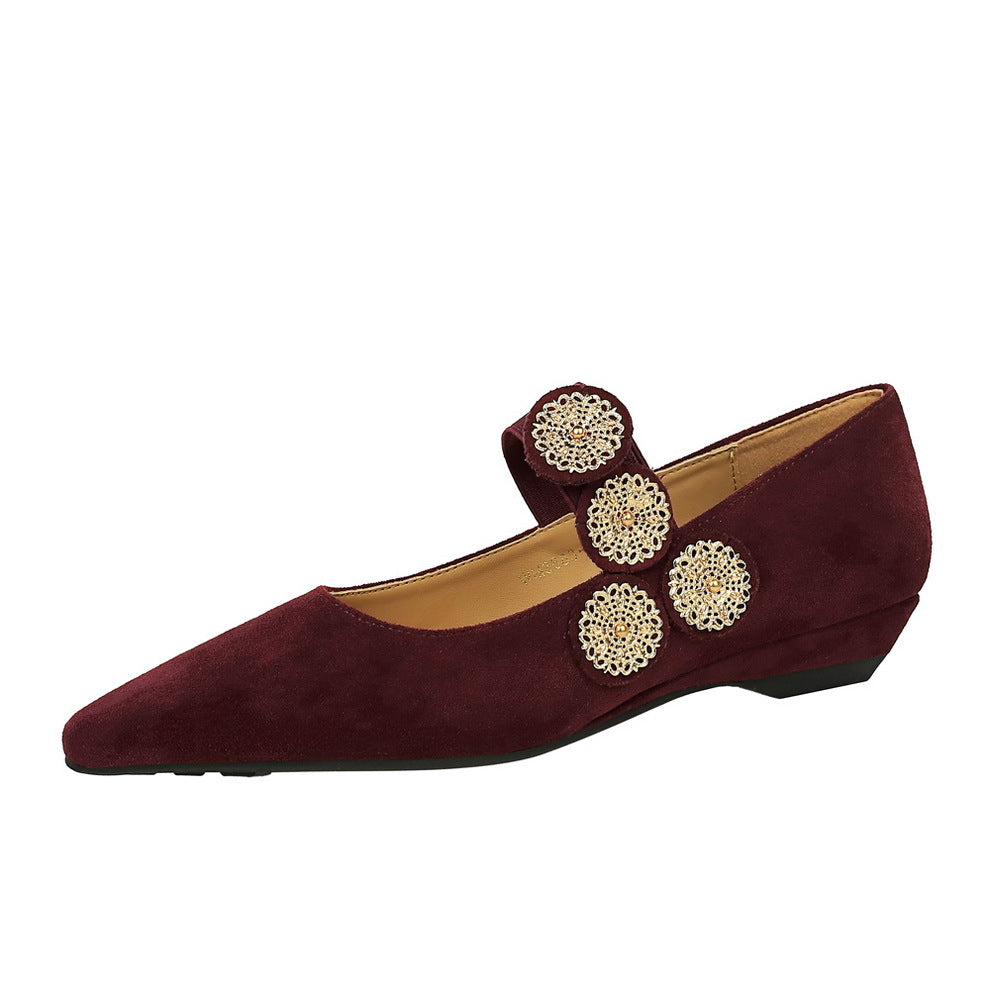 2025 3683-1K92 Retro style versatile wedge heel suede low heel metal decoration one word with shallow mouth pointed women's single shoes