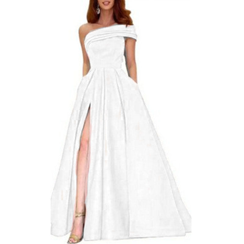 VAKKV Foreign Trade One Shoulder Satin Dress Evening Dress Birthday Banquet Pettiskirt Green High Slit Sexy Jumpsuit