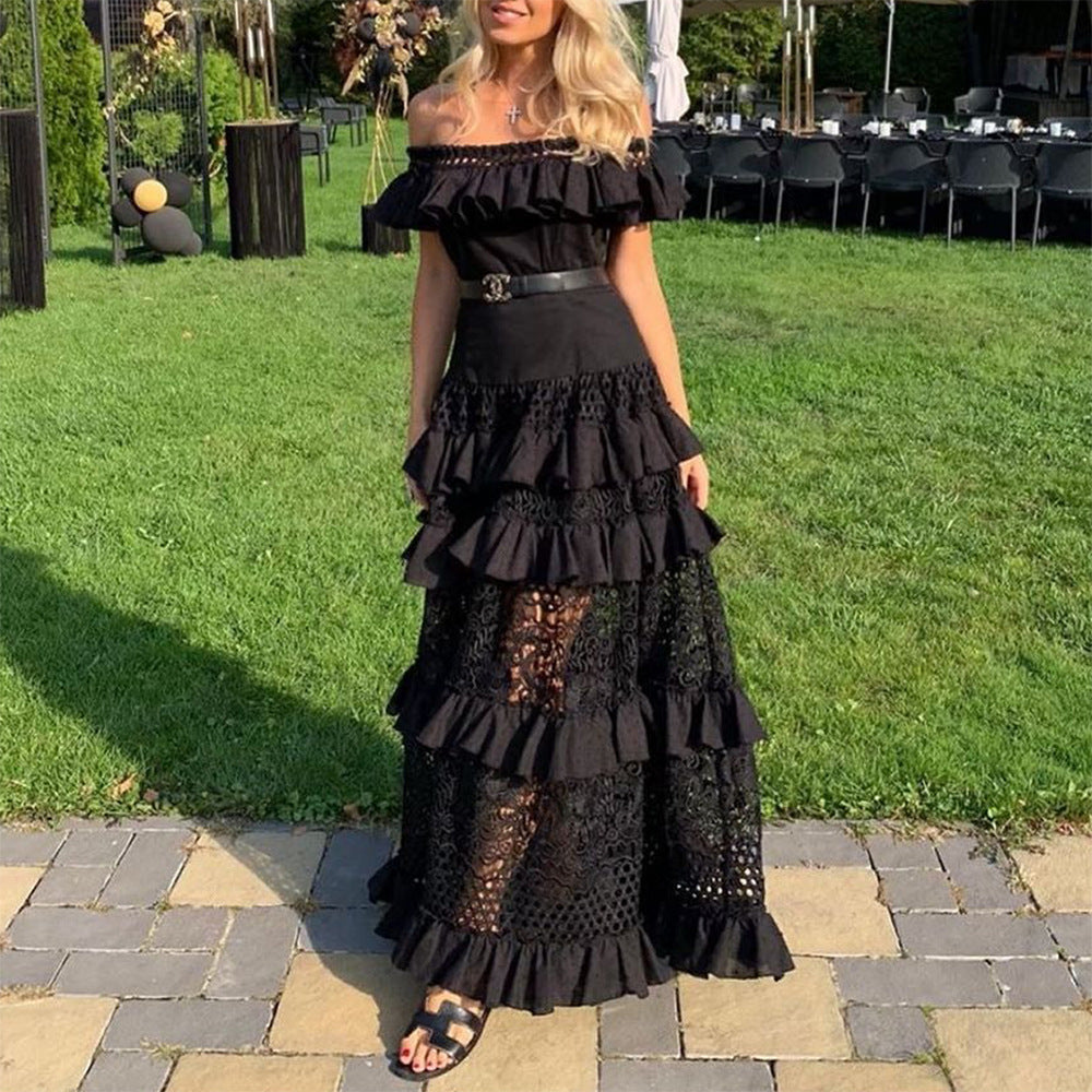VAKKV Cross-Border Summer New European and American Foreign Trade Women's Clothing off-Shoulder Ruffled Hollow-out Wide Hem Lace Dress Dress