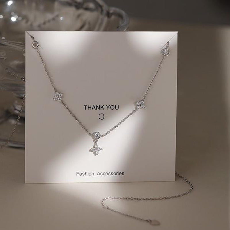 VAKKV Korean Style S925 Silver Lucky Four-Leaf Clover Necklace Cold Style High-Grade Clavicle Chain Long Temperamental Tassels Necklace Women