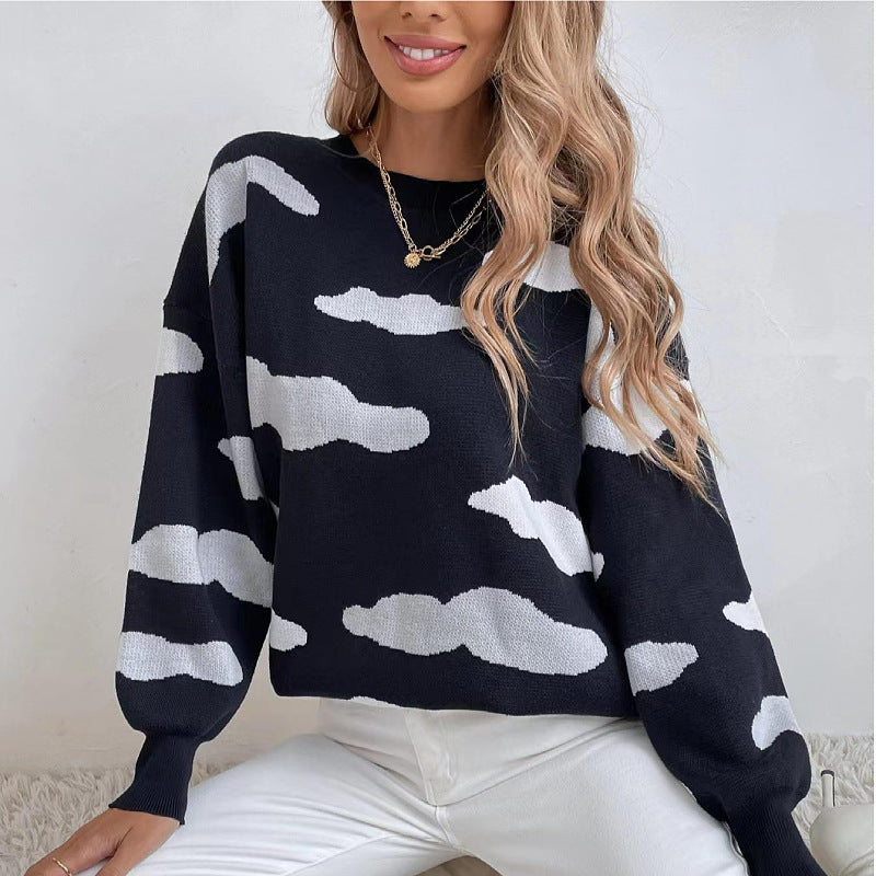 New fashion women's clothing autumn and winter long-sleeved round neck black and white contrasting color jacquard loose women's sweater knitted sweater women