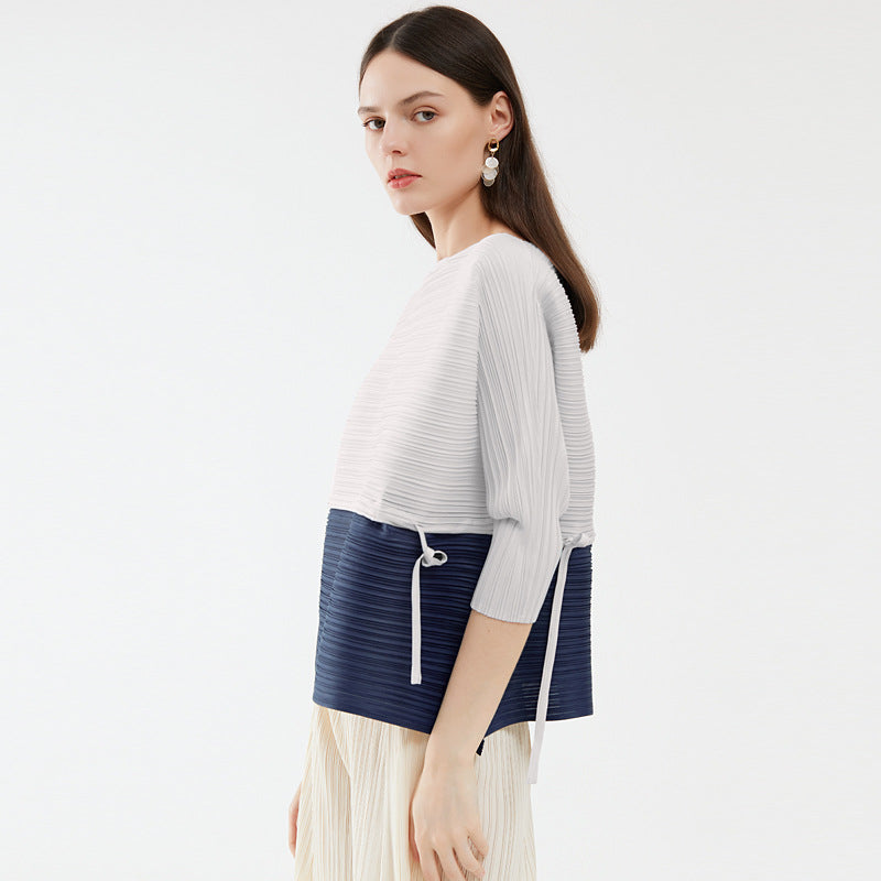High-end splicing drawstring top, new spring spring loose contrasting color T-shirt, niche design women's clothing