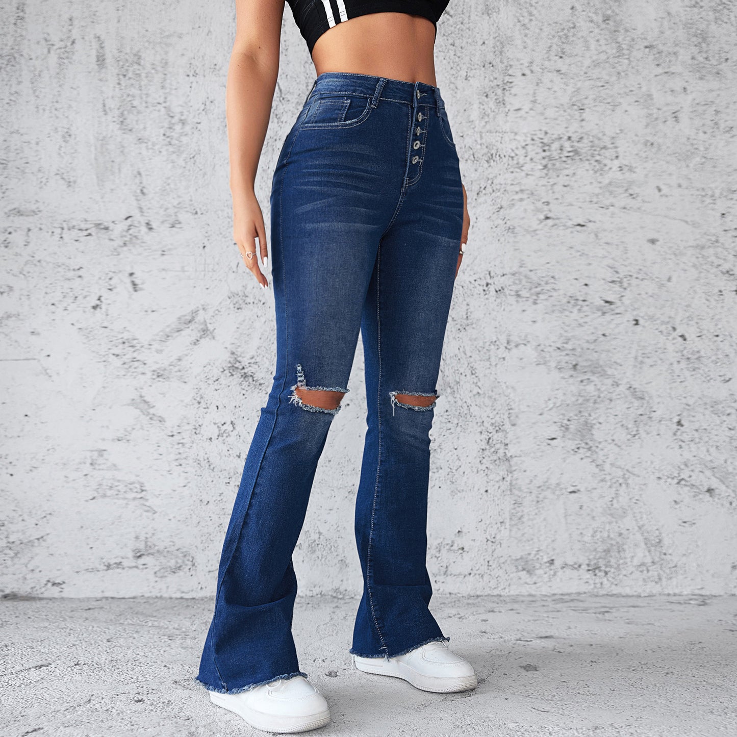 VAKKV Spring and summer Popular trade new ebay independent station wish amazon slim high waist high elastic hole denim trousers women