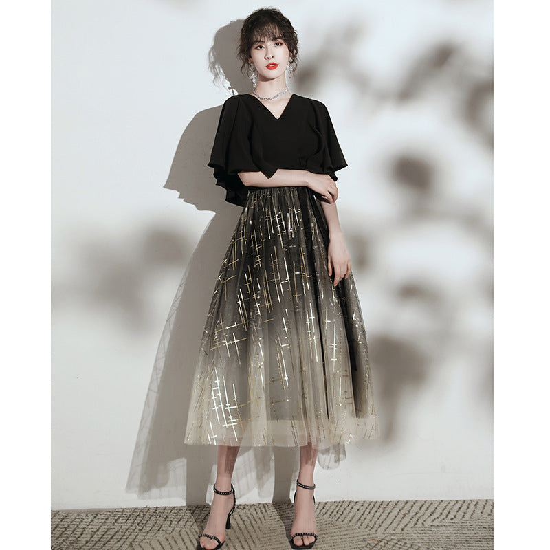 VAKKV Annual Party Evening Dress Women's New Banquet Daily Style Hepburn Wind Black Vocal Music Art Test Host Dress