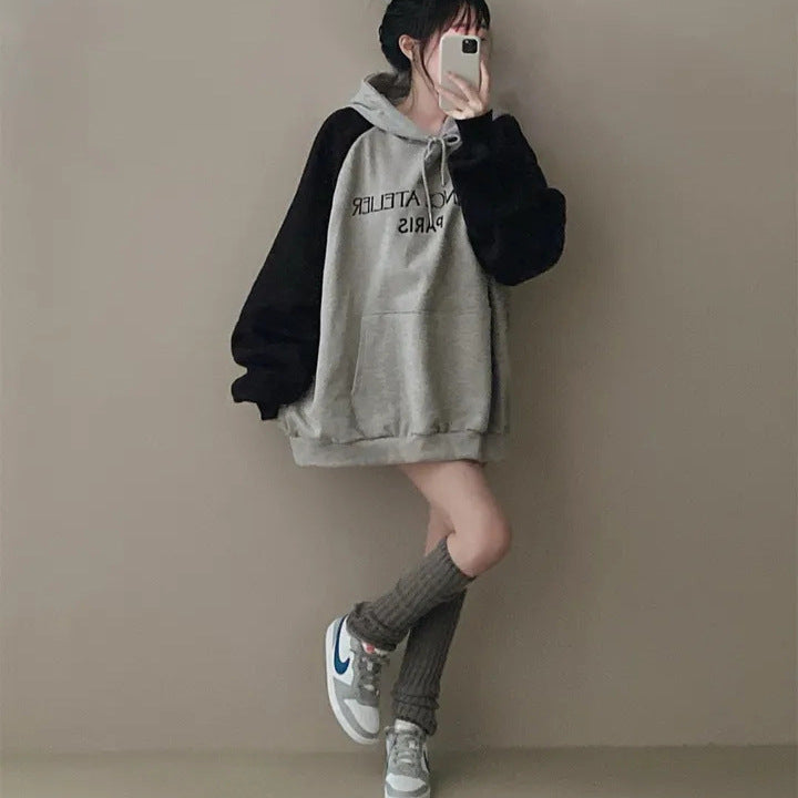 VAKKV Manufacturer 2025n retro burgundy shoulder sleeve sweater women's spring loose contrasting color splicing long sleeve oversize hooded