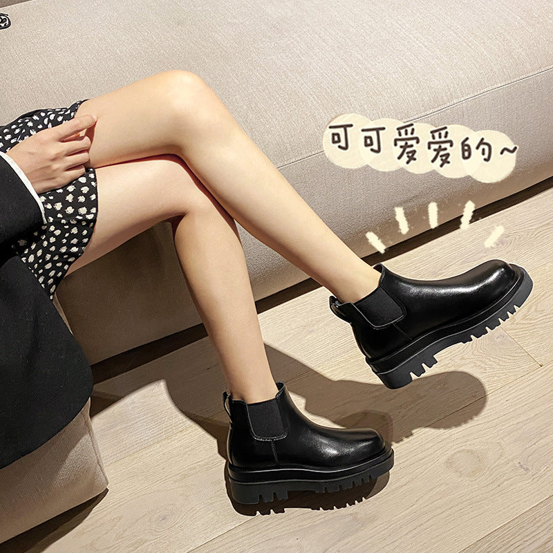 2025 Cowhide version~ New inner height-increasing Martin boots women's British style velvet short tube thick-soled Chelsea short boots cigarette boots