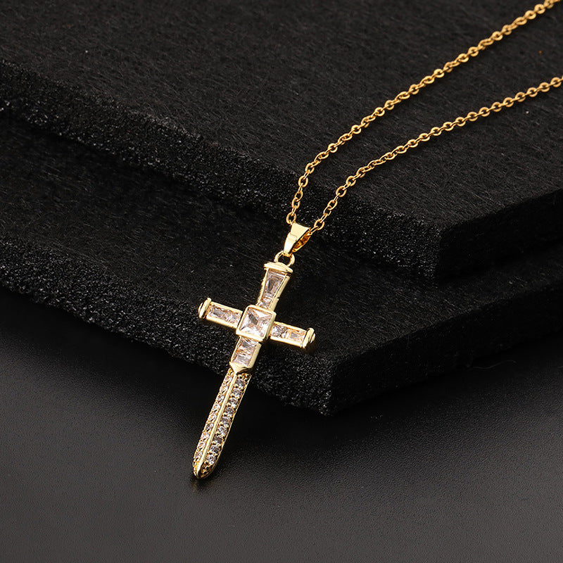 INS Vintage Gold Cross Necklace Personalized Pendant Zircon European and American Style Necklace Special-Interest Design Titanium Steel Clavicle Chain