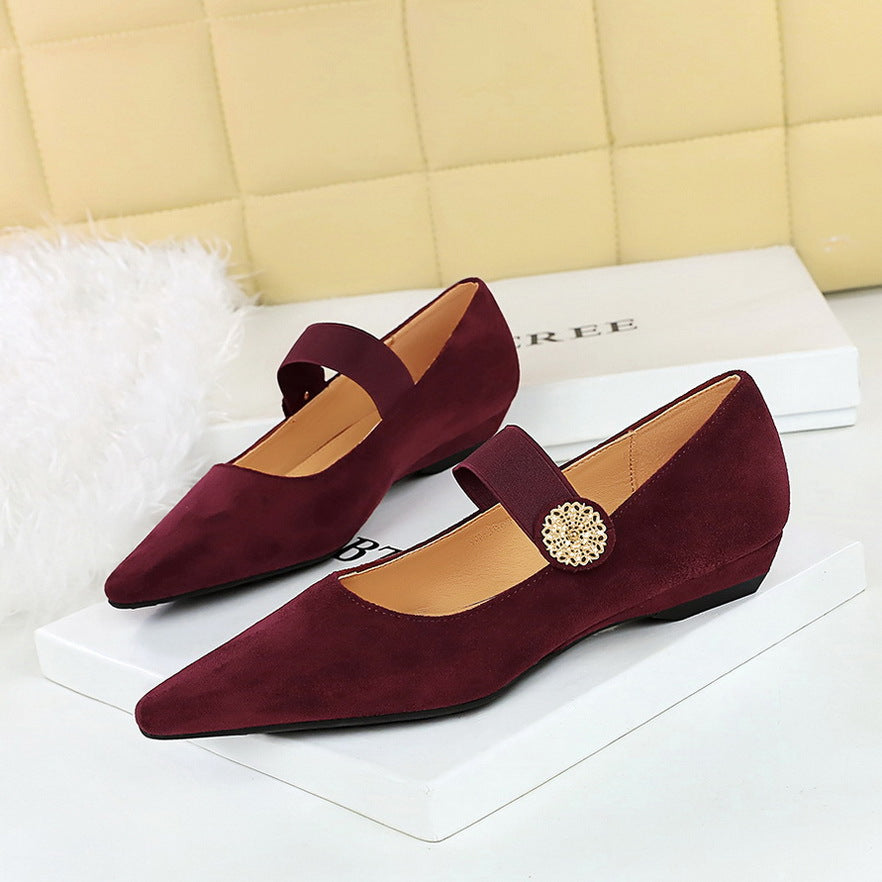 VAKKV 2025 3683-2K92 Korean version low heel wedge heel versatile suede light mouth metal decorative elastic band one word belt single shoes women