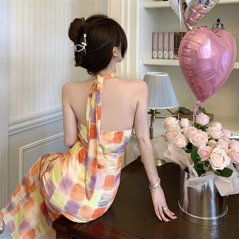 2025 2025 summer cross plaid neck split suspender dress vacation style pure desire spice girl waist dress