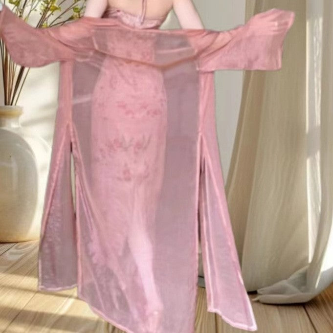VAKKV 8478# Homemade Pink Sequence Flat Collar Split Neck Sling National Style Improved Cheongsam Dress Sling