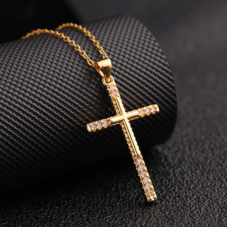 INS Vintage Gold Cross Necklace Personalized Pendant Zircon European and American Style Necklace Special-Interest Design Titanium Steel Clavicle Chain