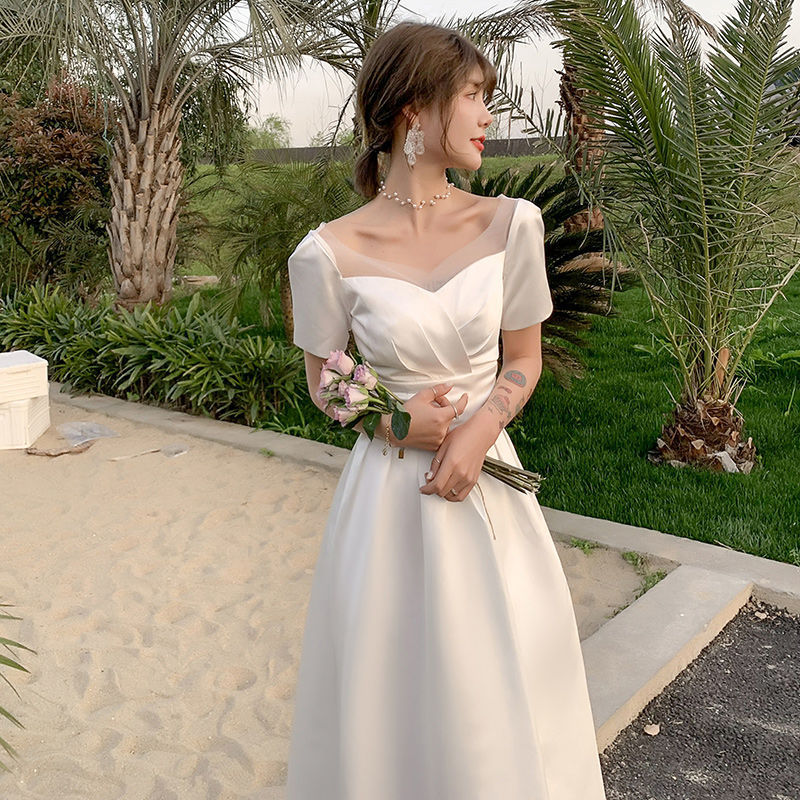 VSKKV Satin Wedding Dress New Elegant Light Wedding Dress Simple Trip Shoot White Wedding Dress Daily Style Women