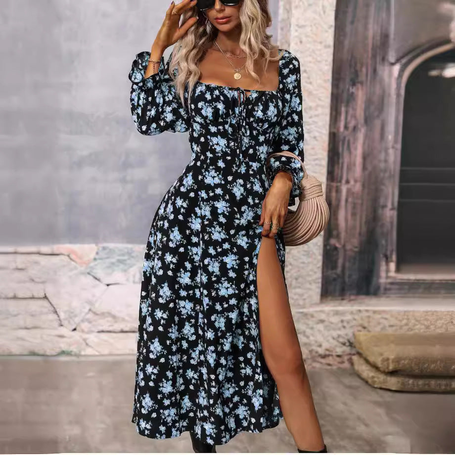Cross-Border Foreign Trade European and American Women's Clothing Spring Independent Station Printing Long Sleeve Square-Neck Bottom Slit Dress