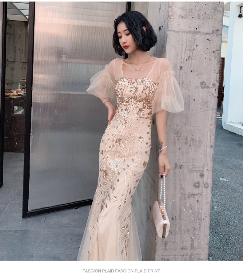VAKKV Champagne Dress Sequined Embroidered Bridal Wedding Toast Dress Banquet Performance Host Fishtail Dress Adult Ceremony Female