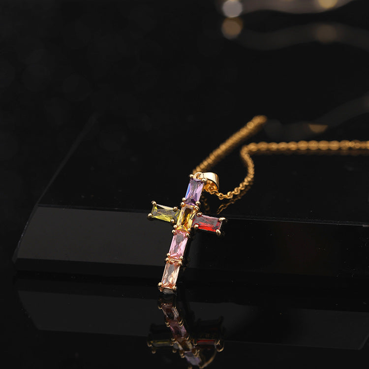 INS Vintage Gold Cross Necklace Personalized Pendant Zircon European and American Style Necklace Special-Interest Design Titanium Steel Clavicle Chain