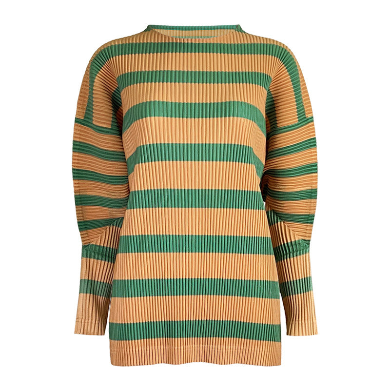 spring new Japanese crew neck striped sweater women's loose long-sleeved casual and thin pleated women's top