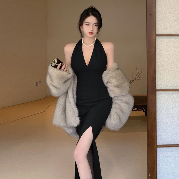 2025 Birthday party dress light luxury niche long dress sexy split neck sling hip dress women's summer