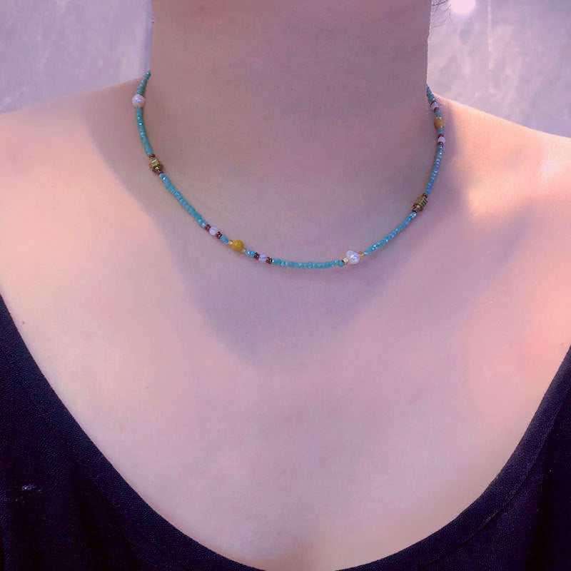 Cross-Border European and American Twin Natural Shell Pearl Necklace Diamond Turquoise Titanium Steel Pendant Color Necklace Female Accessories