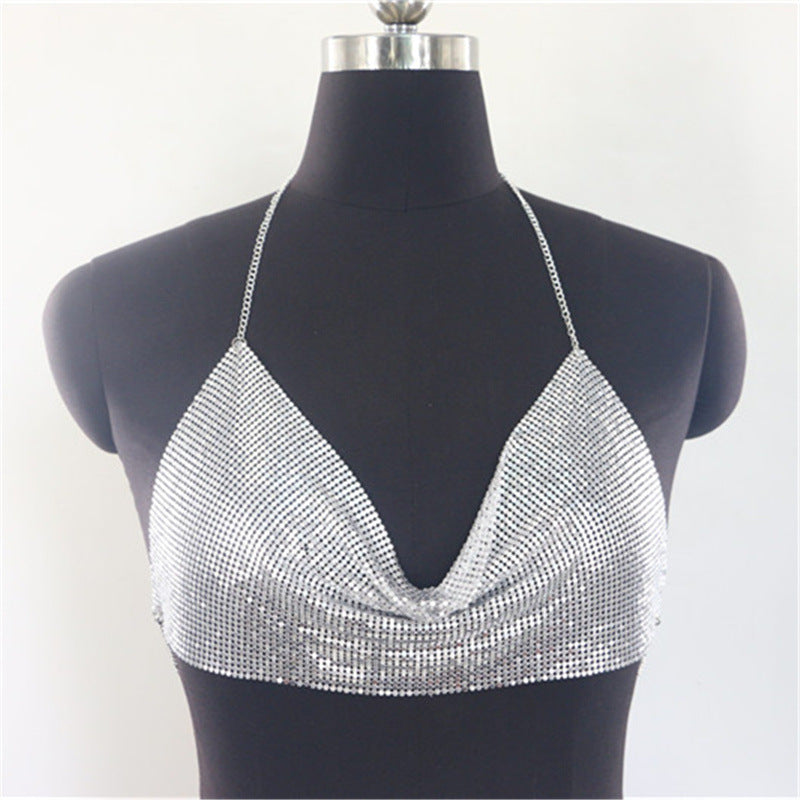 2025 MW2653 2025 vest sequined rhinestone inlaid diamond cloth metal chain hanging neck V-neck super short vest top