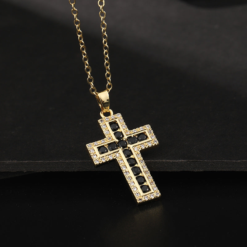 INS Vintage Gold Cross Necklace Personalized Pendant Zircon European and American Style Necklace Special-Interest Design Titanium Steel Clavicle Chain