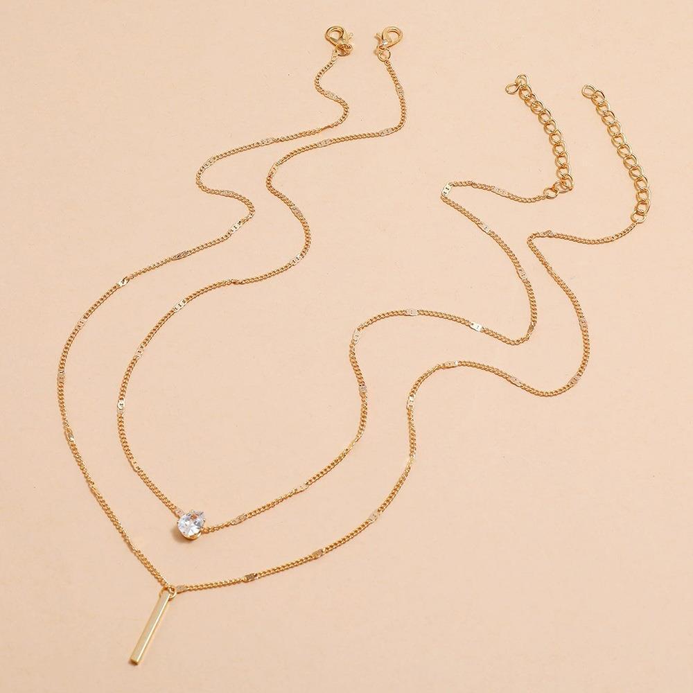 C096 HOT and NEW Cross Border Ornament Elegant Drop-Shaped Rhinestone Pendant Clavicle Chain Simple Long Stick Necklace Double Layer Twin