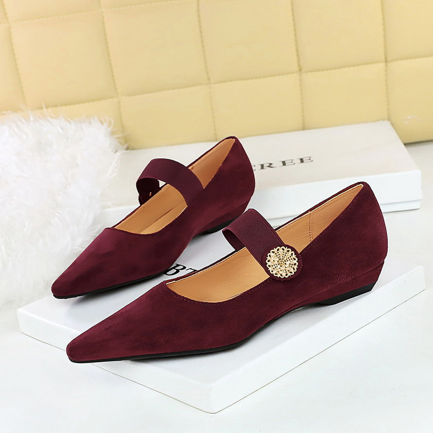 VAKKV 2025 3683-2K92 Korean version low heel wedge heel versatile suede light mouth metal decorative elastic band one word belt single shoes women