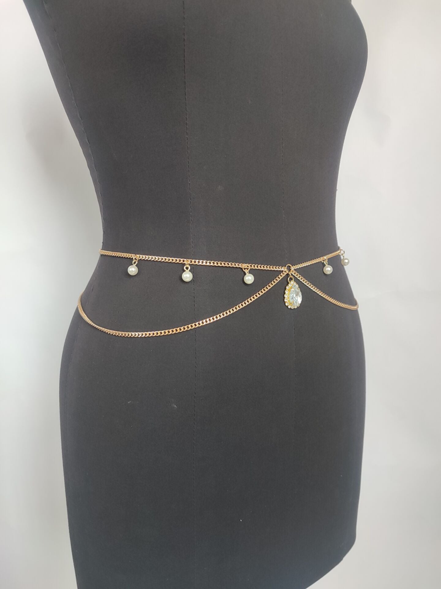 2025 MW3082 2025 waist chain crystal gemstone pearl grain pendant double layer cross metal thin chain waist chain