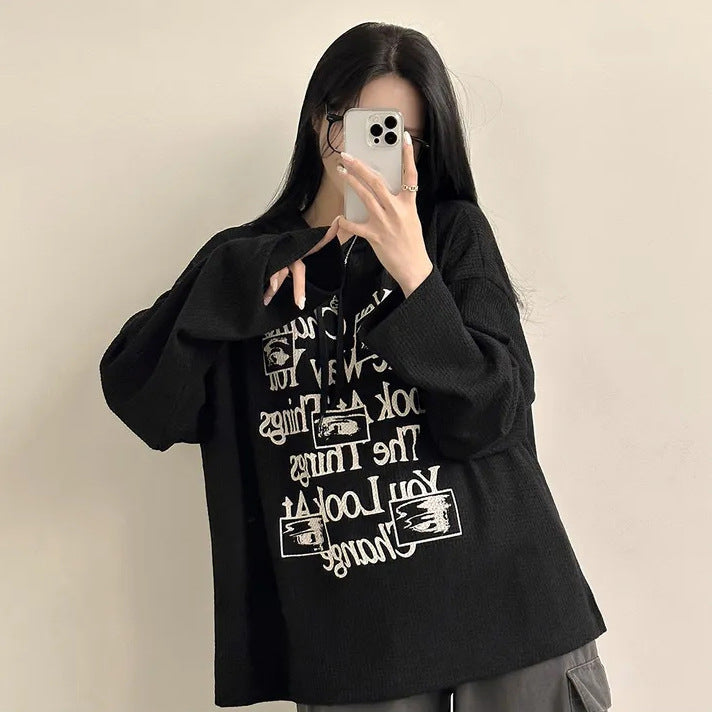 VAKKV Manufacturer waffle hooded autumn thin sweater large size fat mm loose Korean version ins velvet lazy wind outside