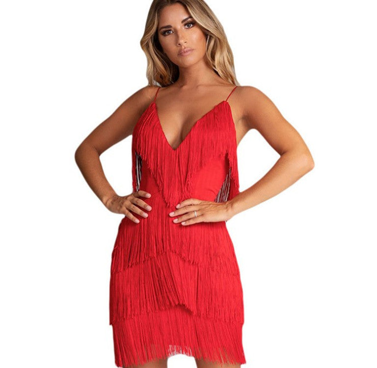 Amazon's new European and American tassel patchwork backless dress, deep V-neck dress, commuting style manufacturer wholesale