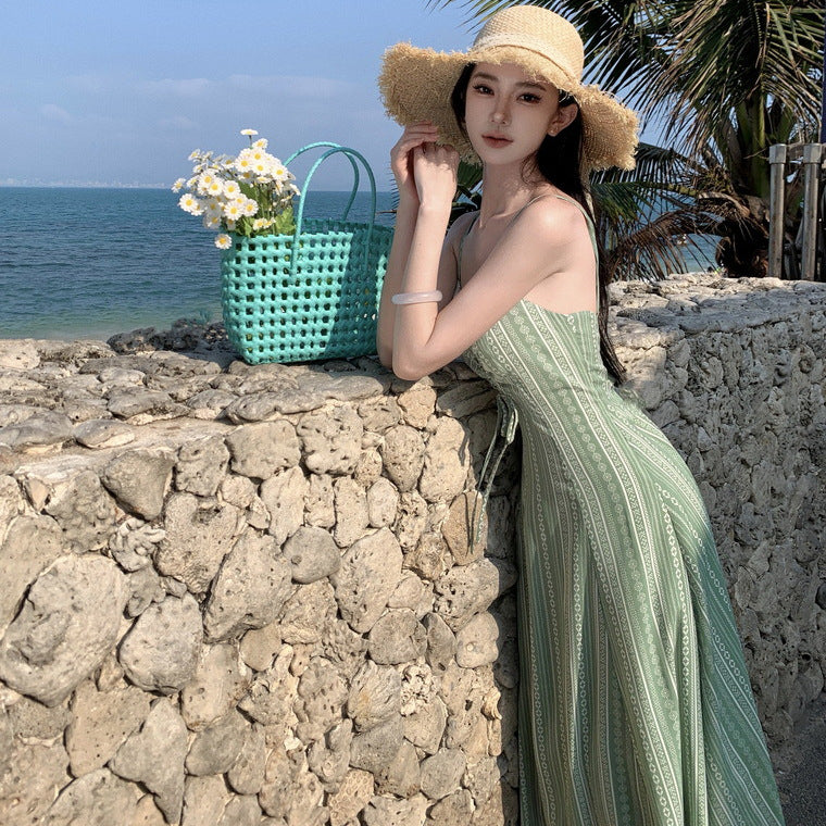 2025 Seaside photo clothes super fairy light green print suspender dress Yunnan seaside vacation backless slim dress