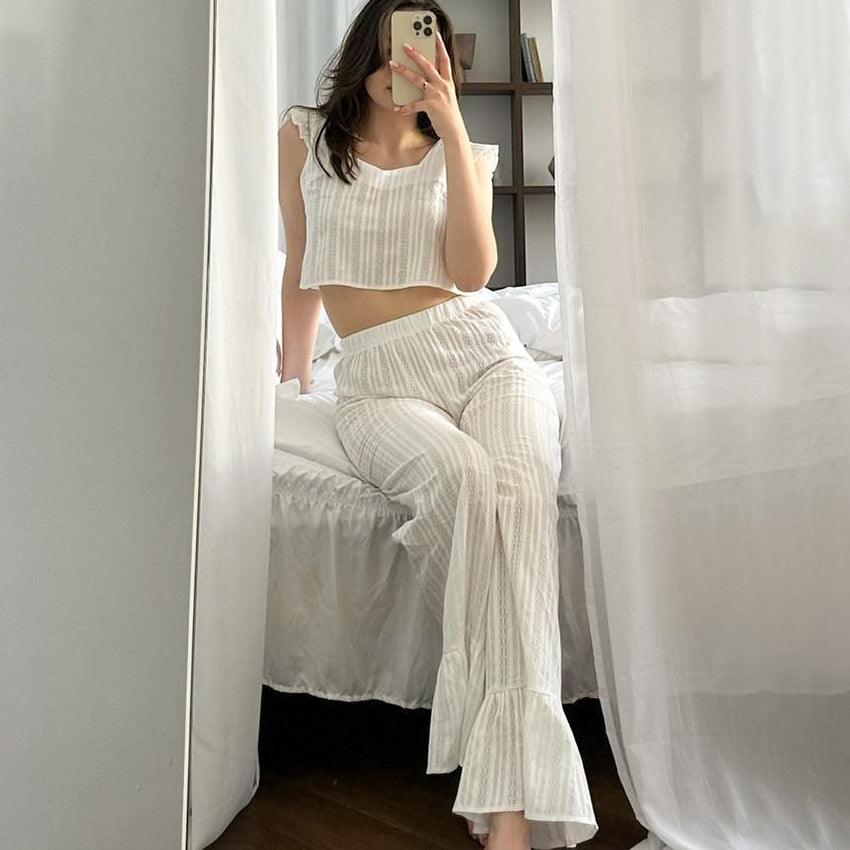 VAKKV 2025 new casual and comfortable loungewear women's pure cotton hollow short-sleeved trousers simple pajamas can be wholesale