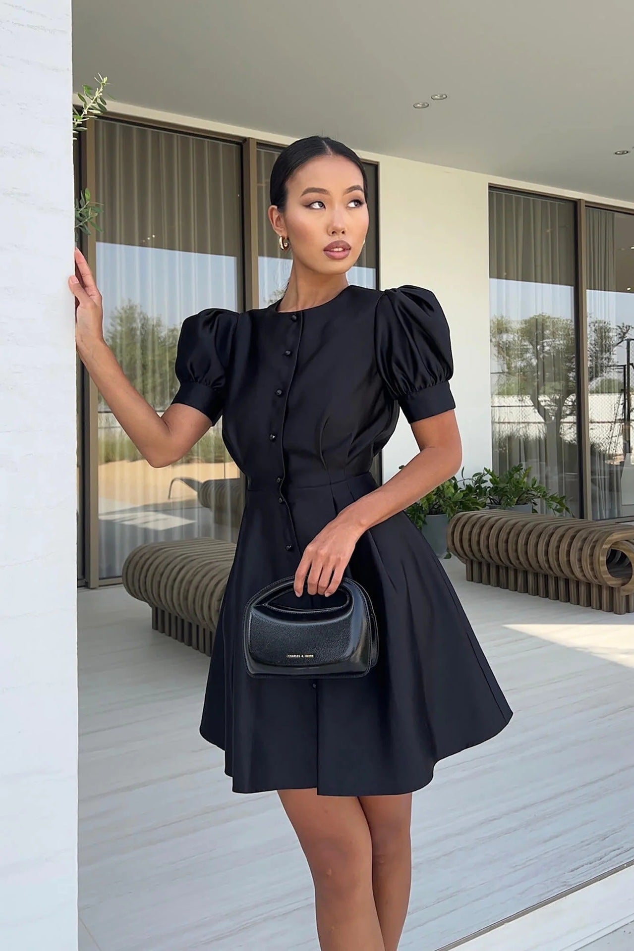 INS European and American cross-border round neck puff sleeves short sleeves pleated waist pearl buckle A-line midi dress dress women