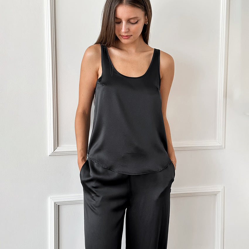 VAKKV 2025 new satin slim and comfortable can be worn outside loungewear women's solid color simple casual pajamas New wholesale