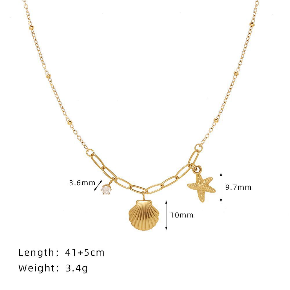 VAKKV Cross Border Ocean Style Mid-Ancient Shell Necklace Starfish Pearl Necklace Plated 18K Gold Color Protection