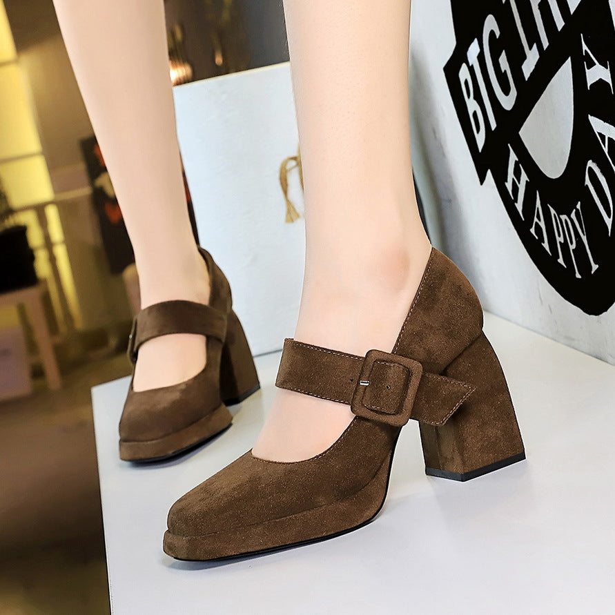 VAKKV 2025 9613-6 style high-heeled thick-heeled waterproof table suede one-word belt buckle shallow mouth Mary Jane women's shoes single shoes
