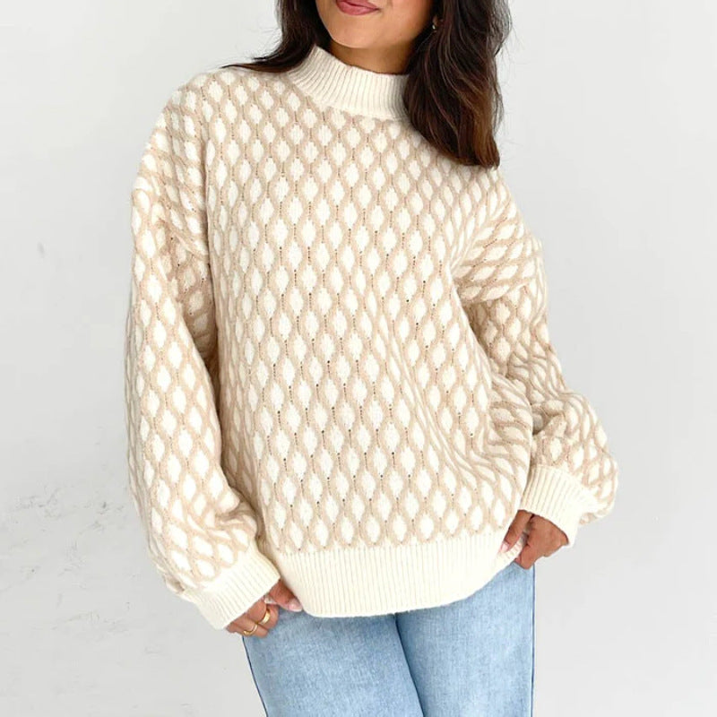 popular autumn and winter new New knitted tops women's round neck plaid lantern sleeves loose pullover sweater women