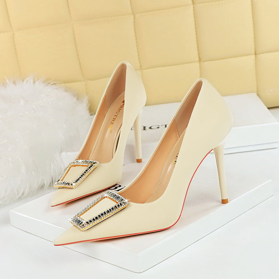 2025 3265-K8 Korean version of fashion banquet high heels thin heel shallow mouth pointed metal buckle rhinestone buckle high heel single shoes women