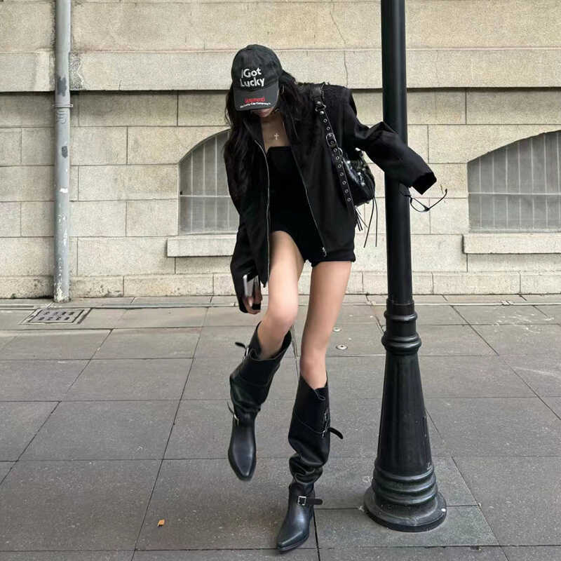 2025 Korean version of big tube circumference stacking boots women's thick heel but knee boots popular autumn belt buckle western boots fashion boots